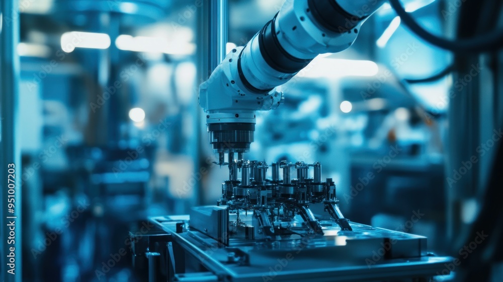 Poster highly sophisticated robotic arms operating with precision on advanced manufacturing assembly lines