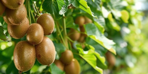 Close up photo of kiwi fruits growing on a kiwi tree plantation with lush green trees in an organic garden