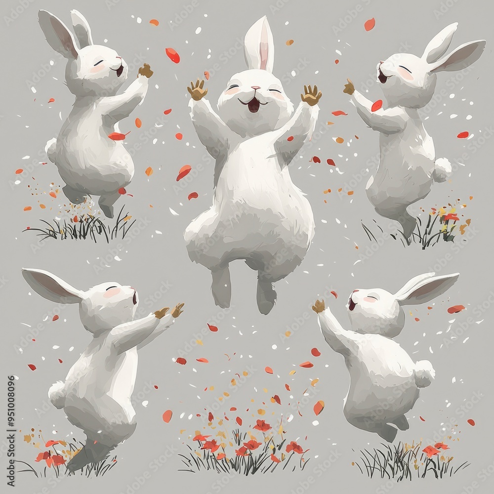 Wall mural Five White Rabbits Jumping with Joy in Falling Petal Shower