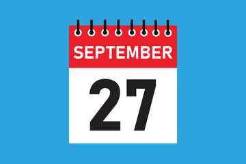 27 September . 27th september  professional modern exclusive daily calendar design. Meeting schedule flat icon icon design. White and red colour  paper. White,black color text. Vector illustration eps