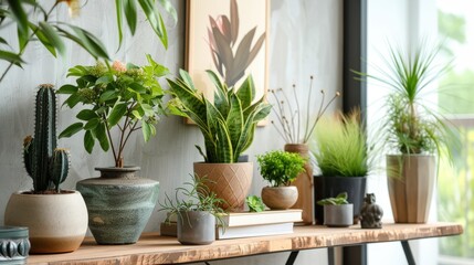Hipster Chic: Wooden Console with Stylish Plants, Books, and Unique Decor Elements