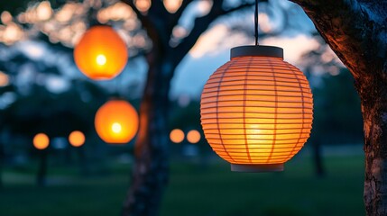 Obraz premium Illuminated Paper Lantern Hanging From Tree Branch.