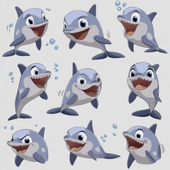 Obraz premium Cute Cartoon Dolphin Characters Set with Various Expressions