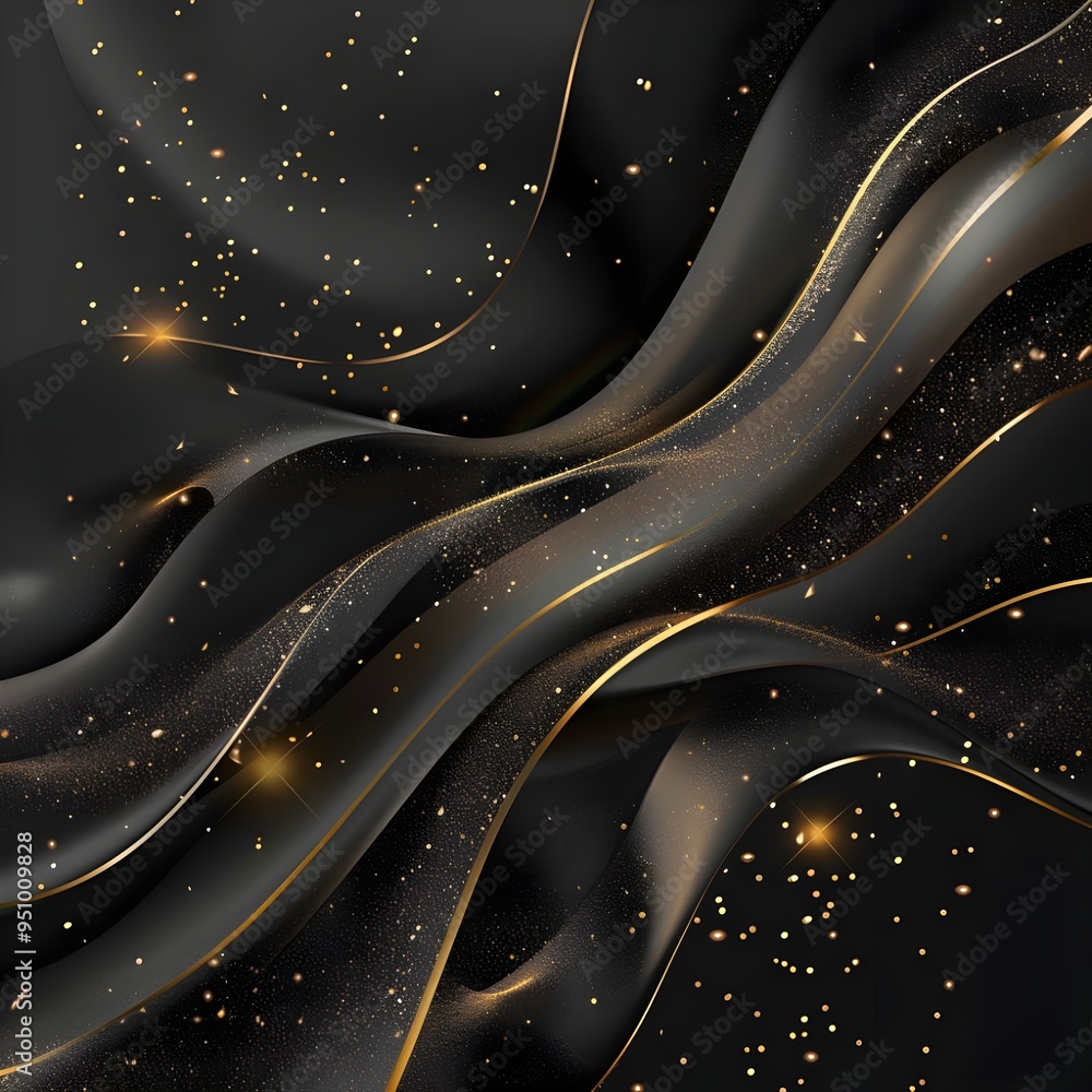 Poster a sleek and dynamic abstract design featuring flowing black waves interspersed with golden sparkles,