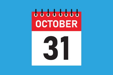 31 October . 31th October  professional modern exclusive daily calendar design. Meeting schedule flat icon icon design. White and red colour  paper. White, black color text. Vector illustration eps.
