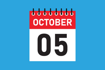 05 October . 5th October  professional modern exclusive daily calendar design. Meeting schedule flat icon icon design. White and red color paper. White,black color text. Vector illustration eps 10.