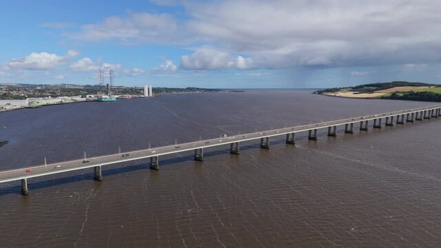 Aerial view of the Tay Road Bridge which connects Dundee and Newport-on-Tay. Transportation concept.