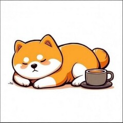Cute Shiba Inu Dog Sleeping with Coffee