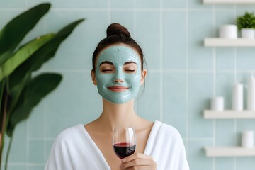Young woman with mistrusting facial mask and glass of red wine in blue bathroom. Relaxing at home or spa. Facial treatment, skincare. Self care, cosmetic and beauty concept for design