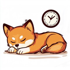 Cute Cartoon Fox Sleeping with a Clock