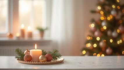 Beautiful christmas card with candle decor and tree with copy space