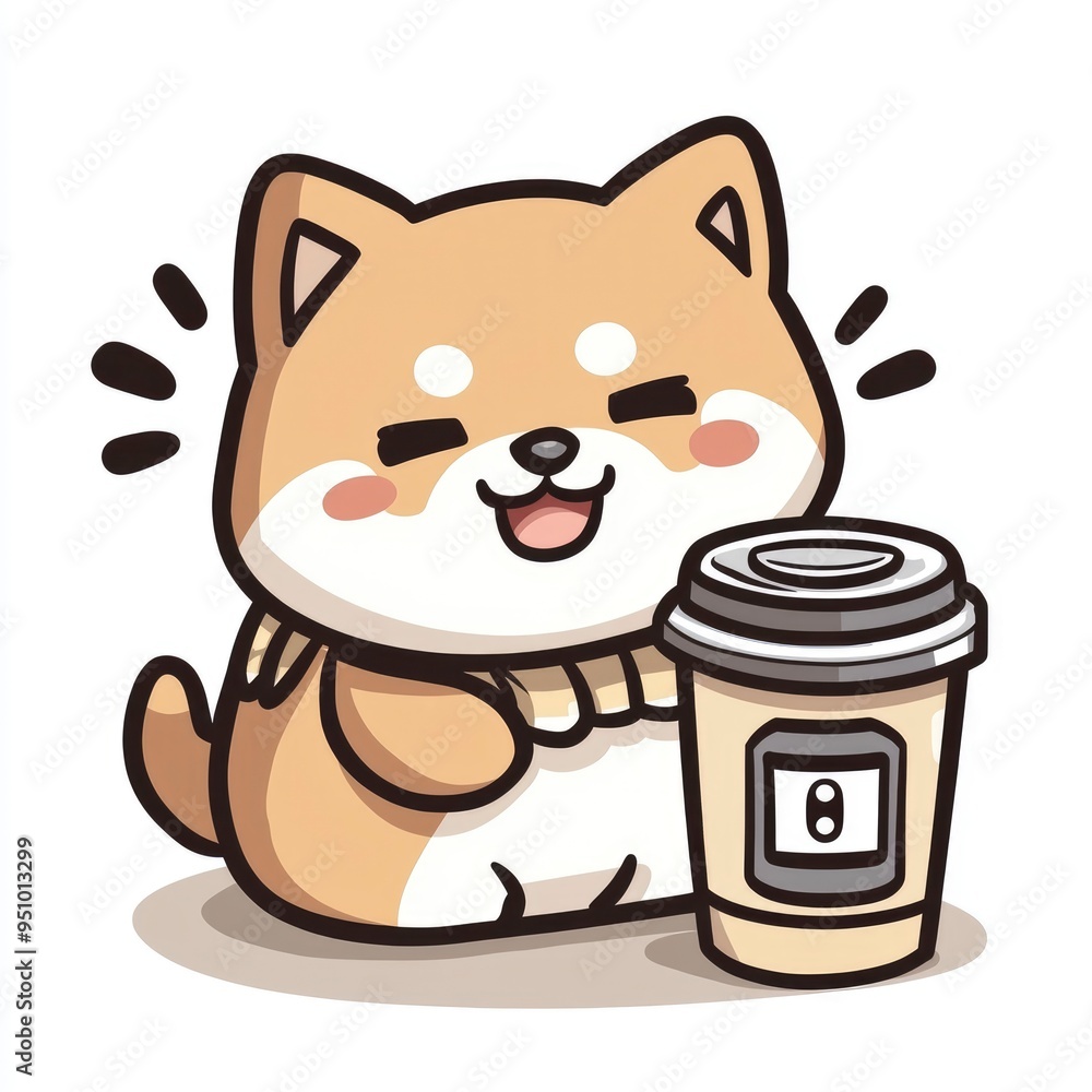 Sticker Cute Shiba Inu Dog Holding a Cup of Coffee