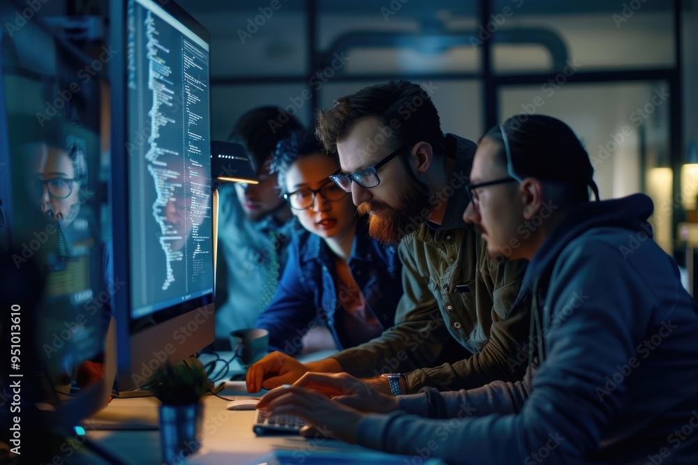 Poster people gathered around a computer discussing or working together