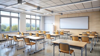 rendering of an empty classroom with desks, chairs, and a whiteboard