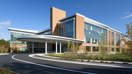 Modern medical building with entrance. Perfect for showcasing healthcare, architecture, or urban design.