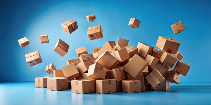 Cardboard boxes falling on blue background, isolated setting for shipping and storage themes