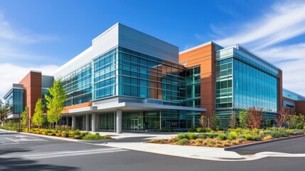 Modern office building with large windows. Perfect for illustrating business, success, and growth.