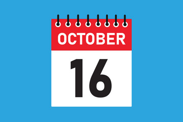 16 October . 16th October  professional modern exclusive daily calendar design. Meeting schedule flat icon icon design. White and red colour  paper. White, black color text. Vector illustration eps.