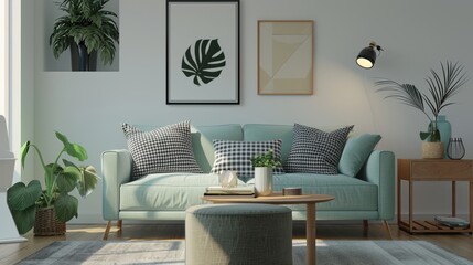 Contemporary Comfort: Modern Mint Sofa, Wooden Console, Cube Accent, and Cozy Decor Elements 