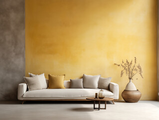 Wabi sabi japanese style rustic living room interior in with wood, pottery and texture elements in mustard and yellow