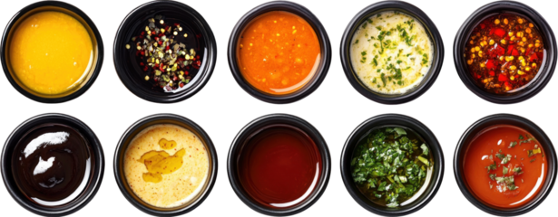 Set of different sauce at black bowl