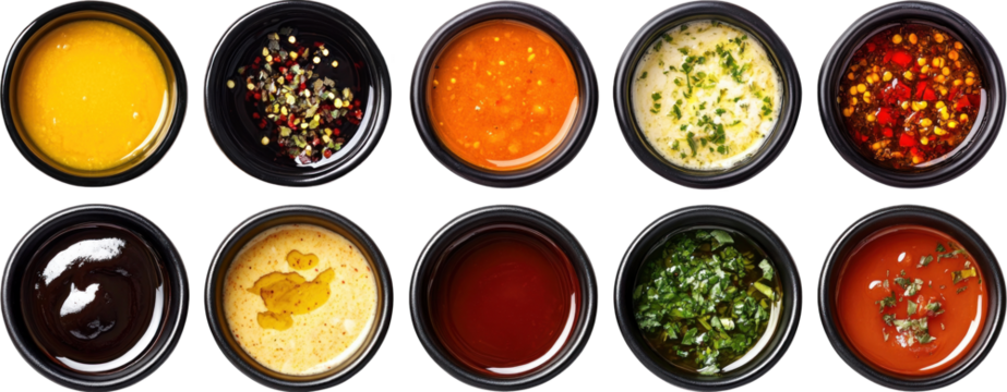 Set of different sauce at black bowl