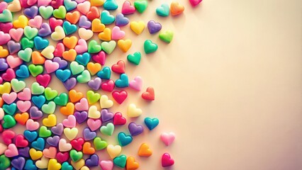 Obraz premium Colorful mini hearts in various shades on a pastel background, perfect for Valentine's Day or love-themed designs