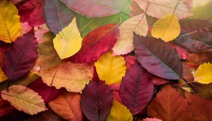 A rich autumn leaf background features layers of deep reds, burnt oranges, golden yellows, and browns, with dappled sunlight and natural textures.