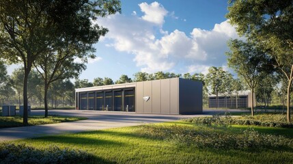 Obraz premium Tranquil Modern Building Surrounded by Lush Greenery