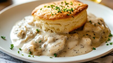 Flaky biscuit over creamy sausage gravy garnished with parsley