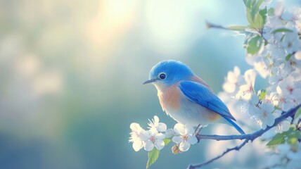 Obraz premium Blue and orange bird on blooming branch