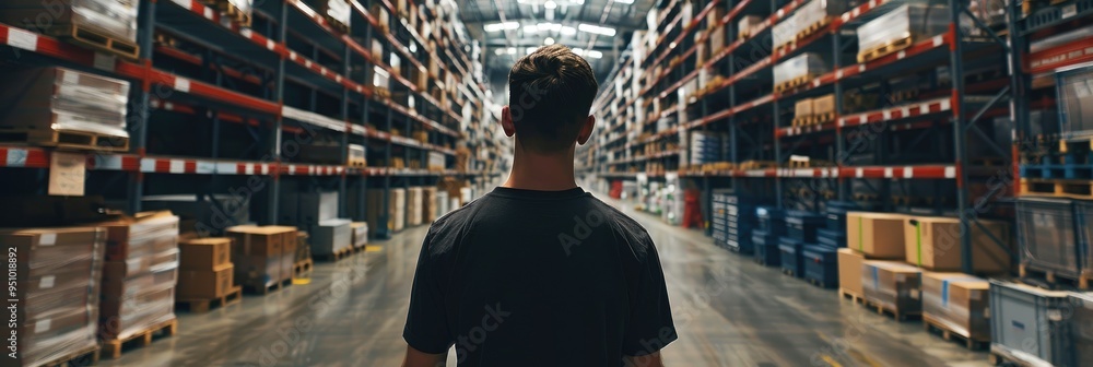 Poster warehouse operations featuring tiered pallet shelving, with a worker's hand partially visible, as a 