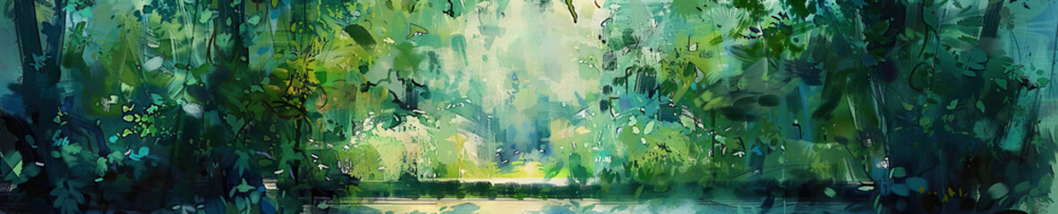 Obraz premium Cloistered Canvas: A peaceful cloister garden is the subject of an abstract painting, its vibrant greens and blues creating a tranquil mood.