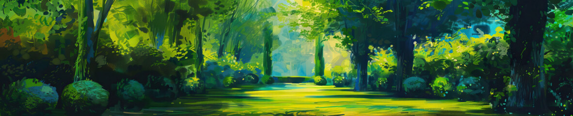 Fototapeta premium Cloistered Canvas: A peaceful cloister garden is the subject of an abstract painting, its vibrant greens and blues creating a tranquil mood.