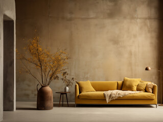 Wabi sabi japanese style rustic living room interior in with wood, pottery and texture elements in mustard and yellow