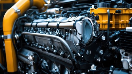 Fototapeta premium Close-up of large engine with intricate parts, showcasing mechanical engineering