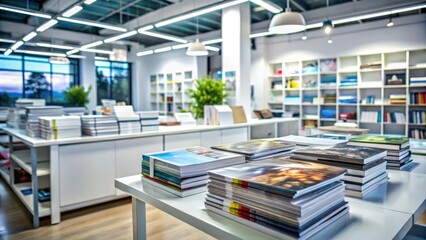 Interior of a modern printshop with a variety of brochures and booklets stacked on a typography table