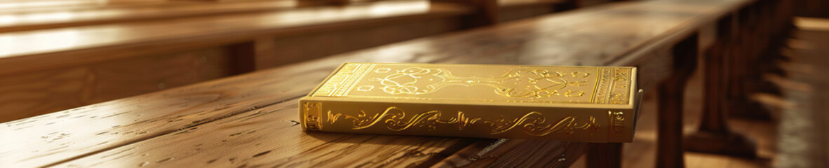 Fototapeta premium Prayerful Patterns: A simple Catholic prayer book rests on a wooden bench in an empty chapel, its gold-embossed cover catching the light.