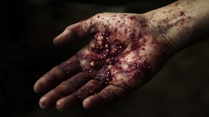 Fototapeta premium Injured Hand with Cuts and Bruises in the Darkness