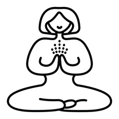 Woman sits in lotus position and meditates, girl prays, yoga and meditation classes, prayer. Vector black line illustration, editable stroke