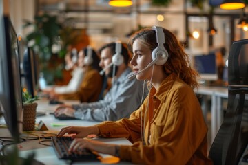 Business professionals using headsets while handling customer calls in a contemporary call center office environment during business hours