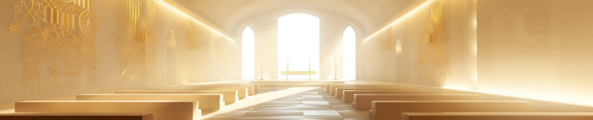 A serene, minimalist chapel adorned with intricate golden filigree, bathed in a soft, ethereal light that emphasizes the sacred space.