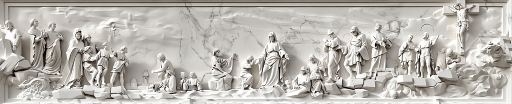 An abstract interpretation of the Stations of the Cross, etched into a cool, white marble wall, creating a modern, meditative atmosphere.