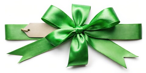 Green silk ribbon with a blank tag, perfect for adding a personalized touch to gifts or decorations
