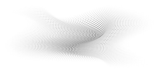 Flowing Wave Dot Halftone Pattern: Curve Gradient Shape on Transparent Background. Suitable for AI, Tech, Network, Digital, Science, and Technology Themes.