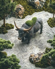 Green bull in a field of green trees and bushes.
