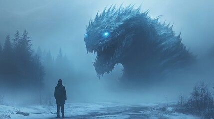 Ice Dragon's Domain: A lone figure stands dwarfed by a colossal ice dragon, its glowing blue eyes piercing the frozen mist in this chilling fantasy scene. 