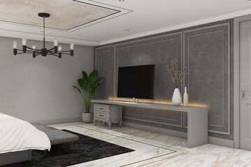 3d render of interior design bed room modern classic  style. White marble floor, gray wall and white ceiling. Set 11