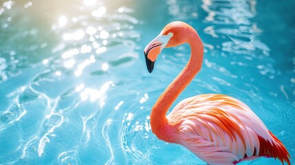 Fototapeta premium Pink Flamingo in a Pool of Blue Water