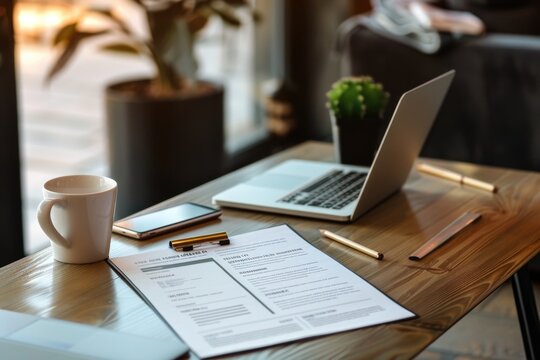 A simple study or work setup featuring a wooden table, a laptop computer, and a cup of coffee